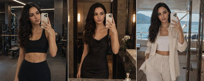 Three scenes of an expanded life: training at the gym, dressed for an evening out, and on a yacht at sea