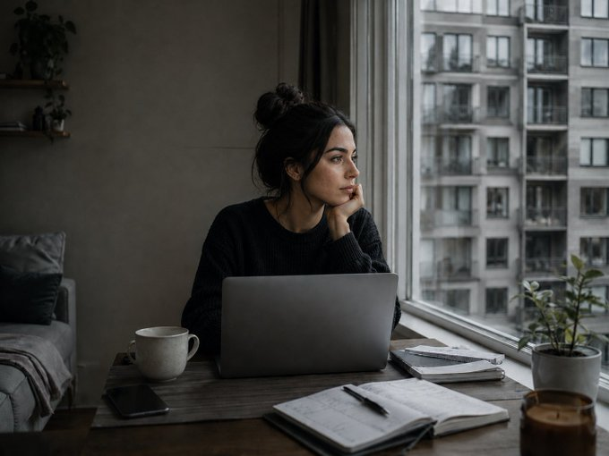 Woman at a desk gazing thoughtfully out a window at the city, surrounded by notebooks and a lit candle