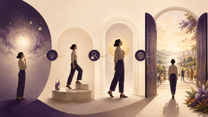 Illustration of personal growth from introspection through insight and alignment to stepping into an expanded world