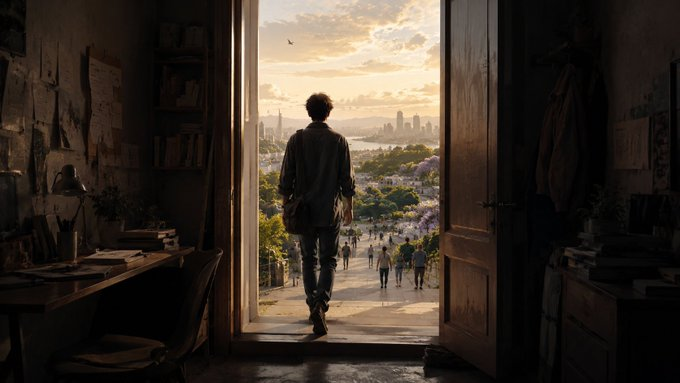 Person walking through an open doorway from a dim room into a sunlit city and waterfront beyond