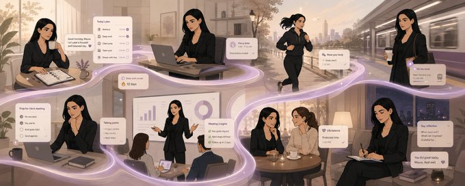 Illustration of a full day with Mauve: morning planning, focus blocks, meeting prep, exercise, commute, social time, and night reflection