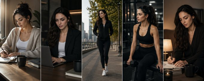 Five scenes of a focused day: morning planning, deep work, outdoor walk, gym training, and night review