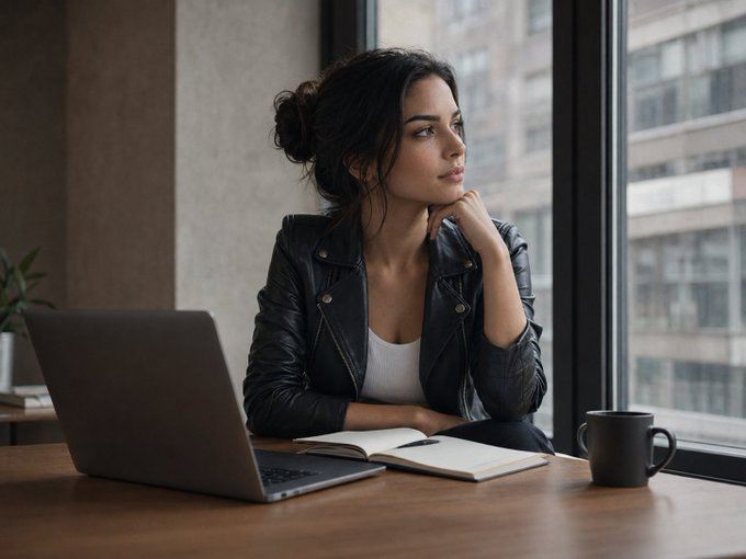 Woman at a desk with laptop and notebook, looking away in thought while appearing to work