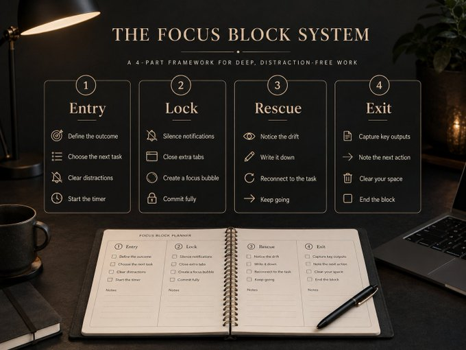Infographic of the Focus Block System: Entry, Lock, Rescue, and Exit framework for deep work