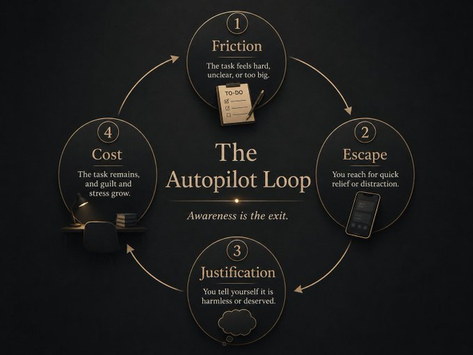 Diagram of the Autopilot Loop: Friction, Escape, Justification, and Cost — awareness is the exit