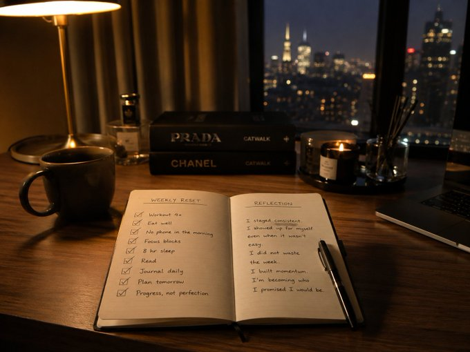 Open journal showing a Weekly Reset checklist and Reflection notes at a desk by a city window at night