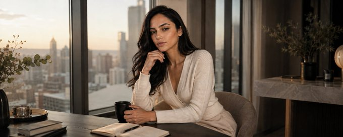Woman journaling at her desk during golden hour, planning her day with intention