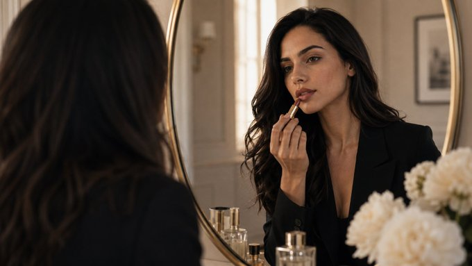 Woman applying lipstick in a mirror, calm and deliberate in her private routine