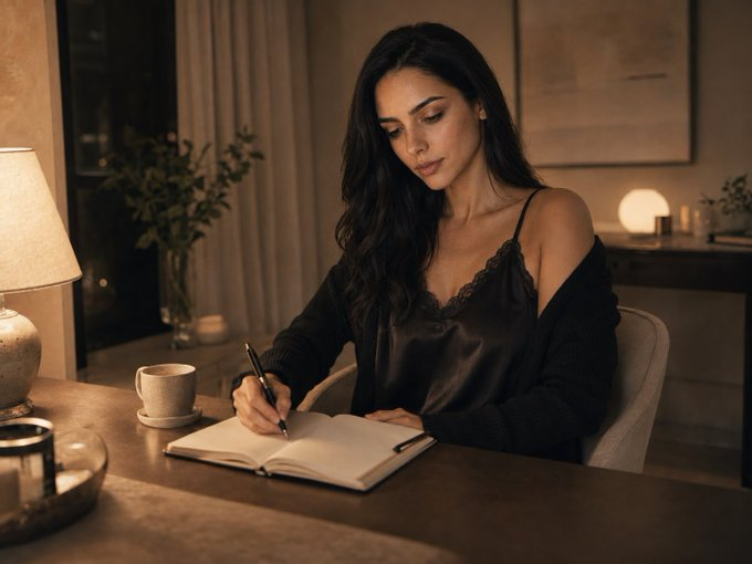 Woman writing in a journal at night by lamplight, planning tomorrow before sleep