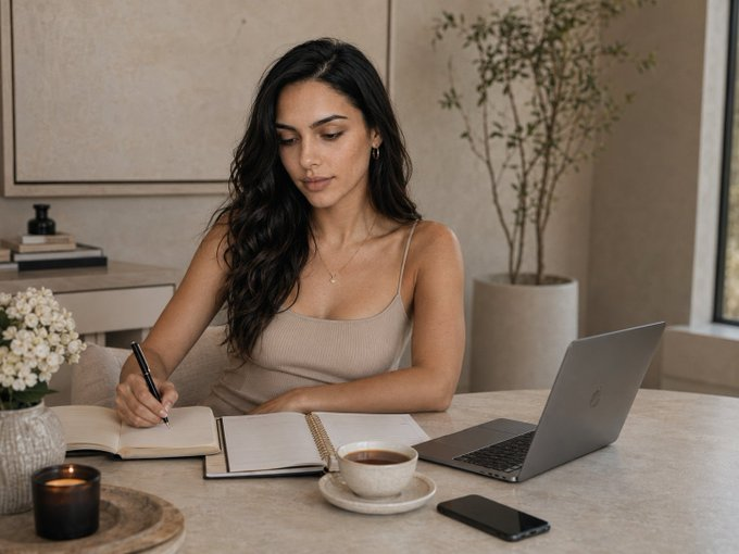 Woman at a calm morning desk with planner, journal, and tea, ready for the day