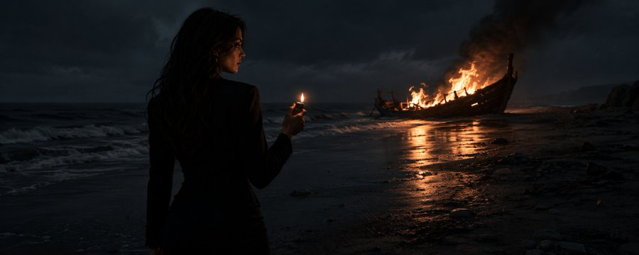 Woman on a beach at night, burning a wooden boat — the burn the boats metaphor made literal